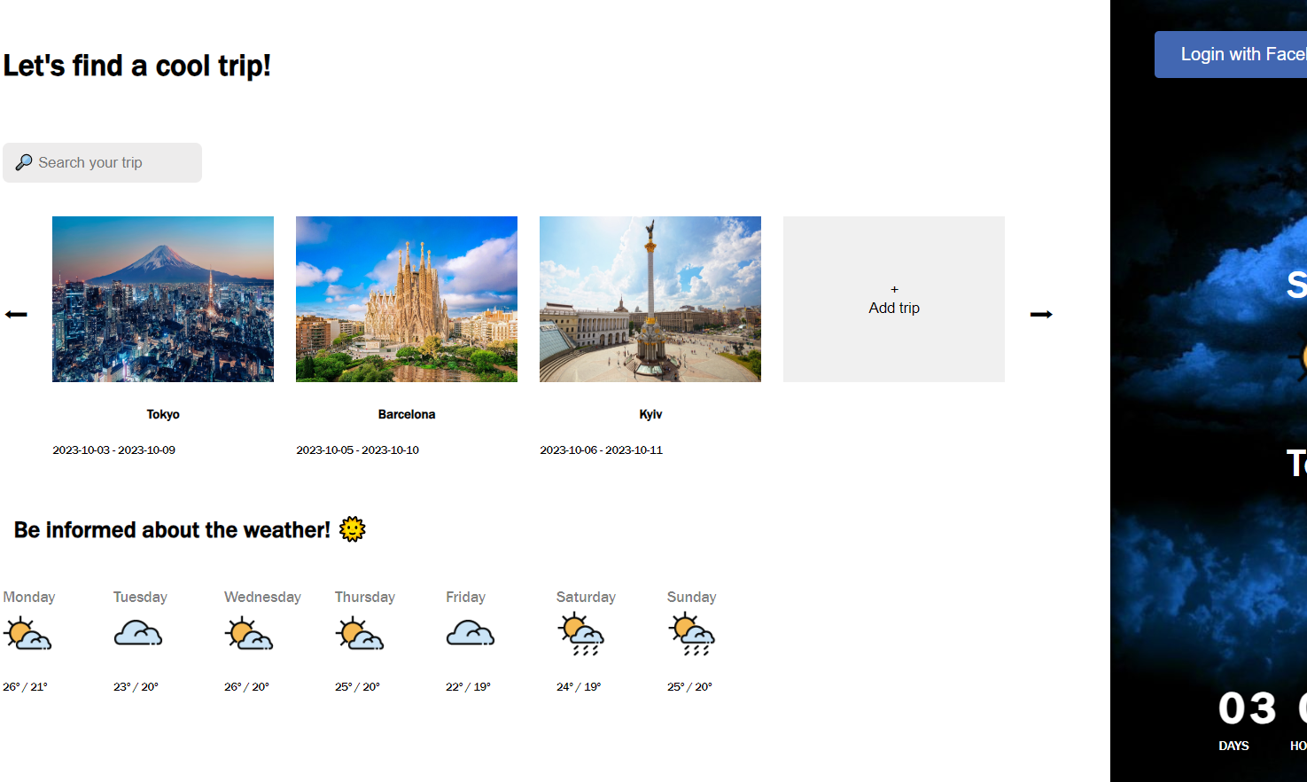 screen of application for searching a trip